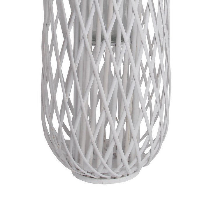 Lattice Design Bamboo Lantern with Glass Candle Holder, Large, White