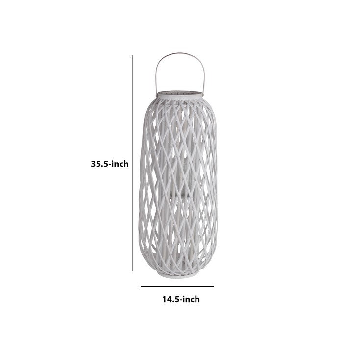 Lattice Design Bamboo Lantern with Glass Candle Holder, Large, White