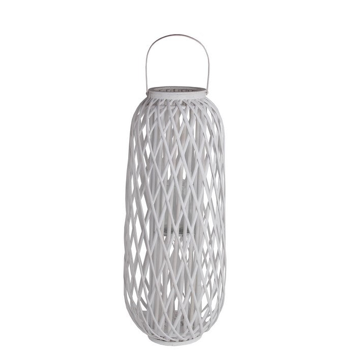 Lattice Design Bamboo Lantern with Glass Candle Holder, Large, White