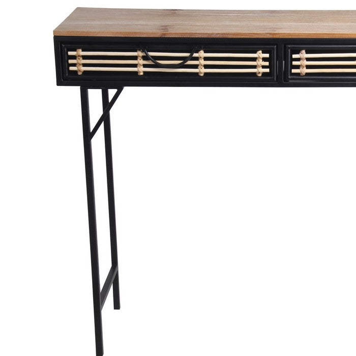 Wooden Top Metal Frame Accent Table with 2 Slatted Doors, Black and Brown