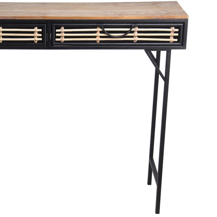 Wooden Top Metal Frame Accent Table with 2 Slatted Doors, Black and Brown