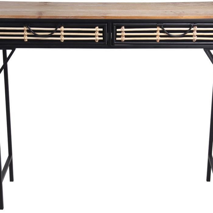 Wooden Top Metal Frame Accent Table with 2 Slatted Doors, Black and Brown