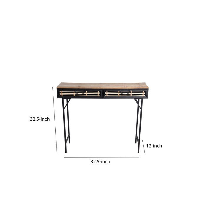 Wooden Top Metal Frame Accent Table with 2 Slatted Doors, Black and Brown