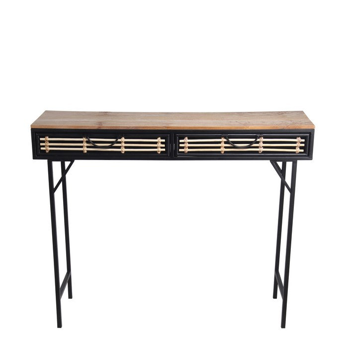 Wooden Top Metal Frame Accent Table with 2 Slatted Doors, Black and Brown