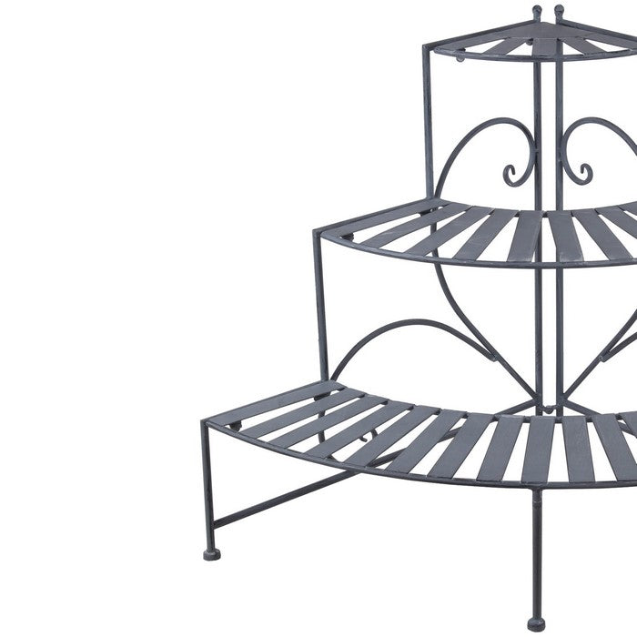 3 Tier Double Scroll Adjustable Metal Plant Stand, Gray