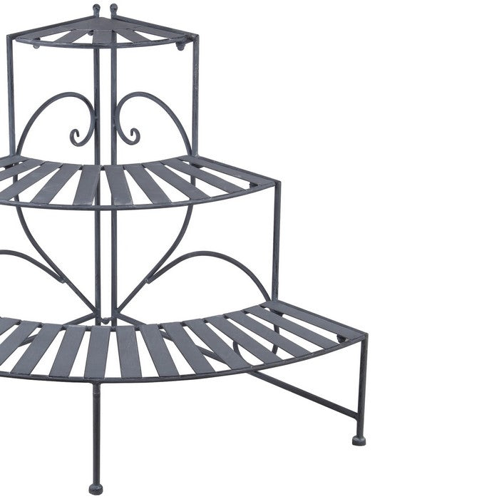 3 Tier Double Scroll Adjustable Metal Plant Stand, Gray