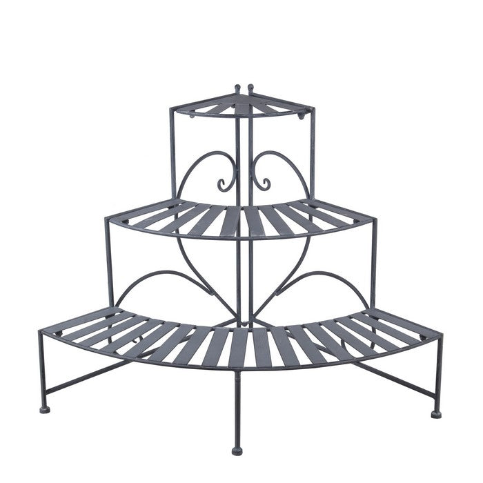 3 Tier Double Scroll Adjustable Metal Plant Stand, Gray