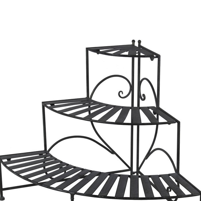 3 Tier Double Scroll Adjustable Metal Plant Stand, Black