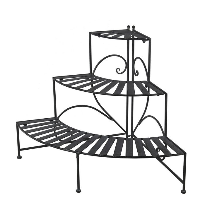 3 Tier Double Scroll Adjustable Metal Plant Stand, Black