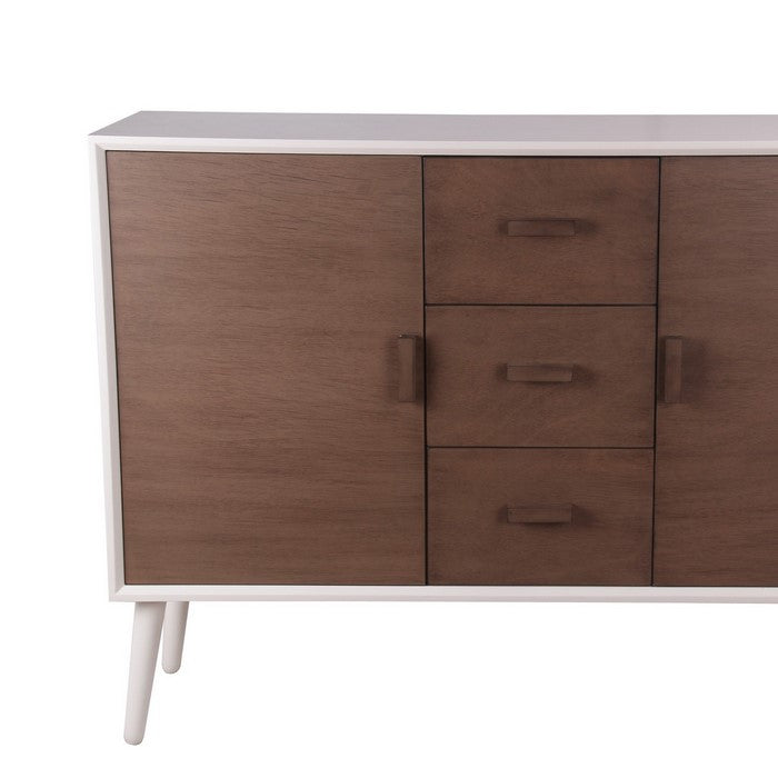 Mid Century Style Sideboard with 2 Doors and 3 Drawers, White and Brown