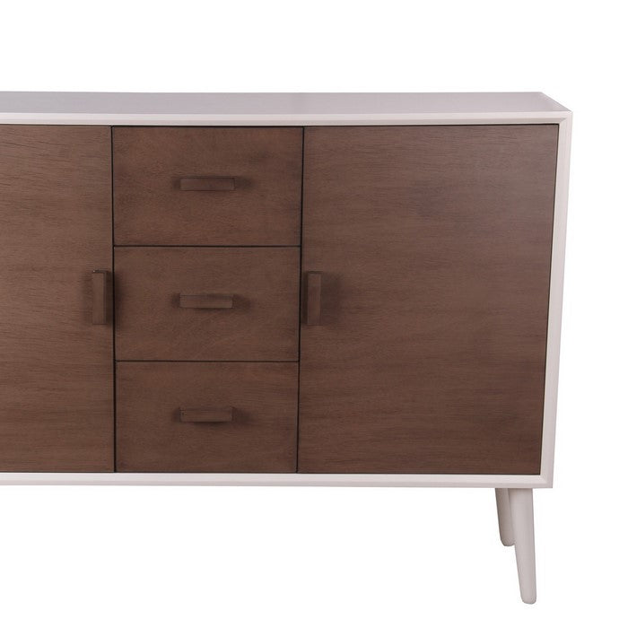 Mid Century Style Sideboard with 2 Doors and 3 Drawers, White and Brown