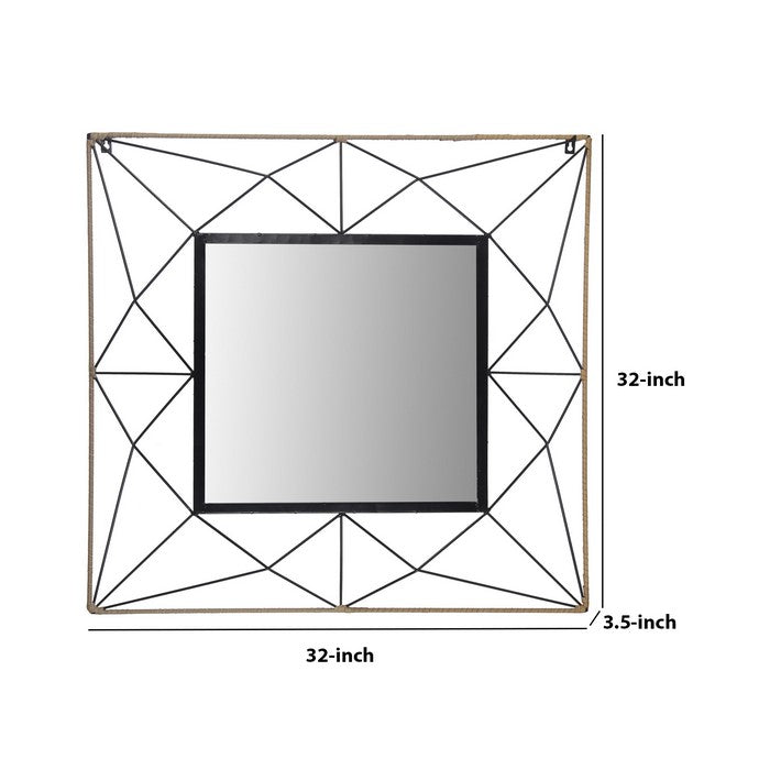 Square Dual Metal Encased Wall Mirror with Geometric Design,Black and Beige