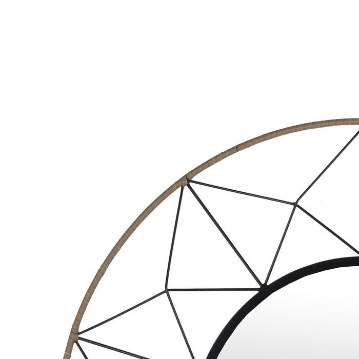 Round Dual Metal Encased Wall Mirror with Geometric Design, Black and Beige