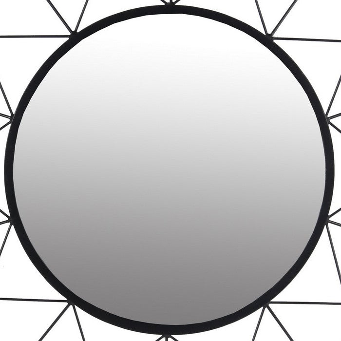 Round Dual Metal Encased Wall Mirror with Geometric Design, Black and Beige