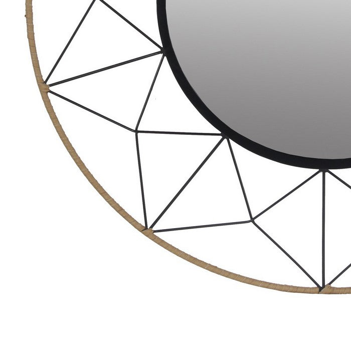 Round Dual Metal Encased Wall Mirror with Geometric Design, Black and Beige
