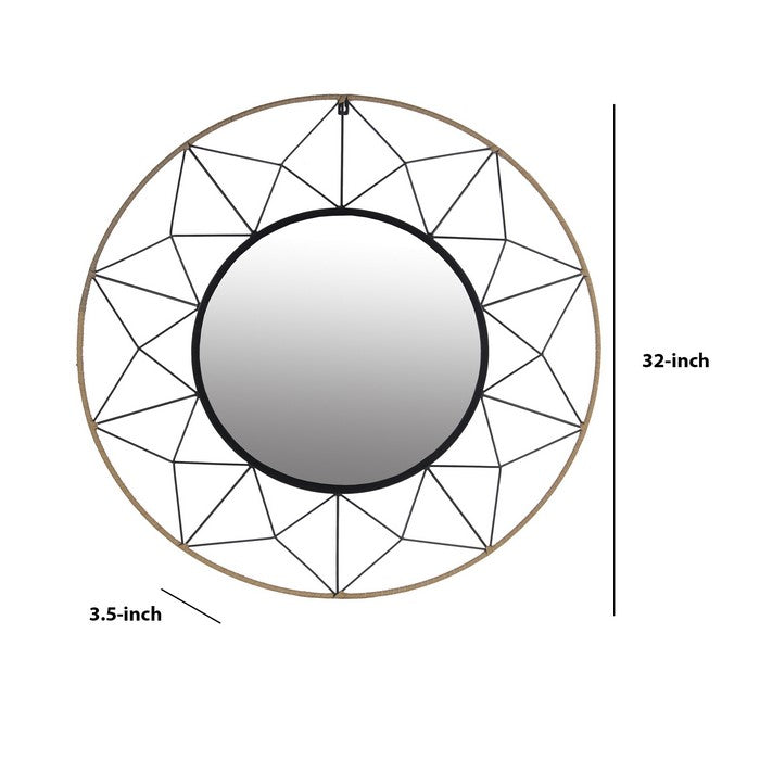 Round Dual Metal Encased Wall Mirror with Geometric Design, Black and Beige