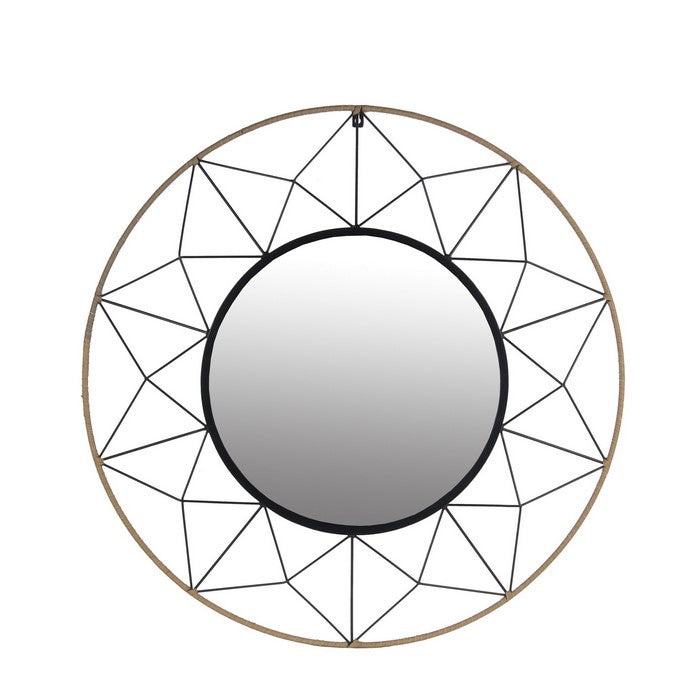 Round Dual Metal Encased Wall Mirror with Geometric Design, Black and Beige