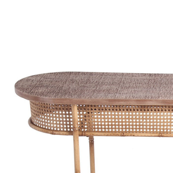 Lattice Design Oblong Shape Bamboo Accent Table with Bottom Shelf, Brown