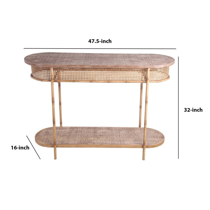 Lattice Design Oblong Shape Bamboo Accent Table with Bottom Shelf, Brown