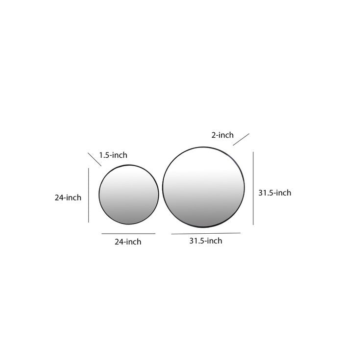 Metal Round Wall Mirror with Wooden Backing, Set of 2, Black and Silver