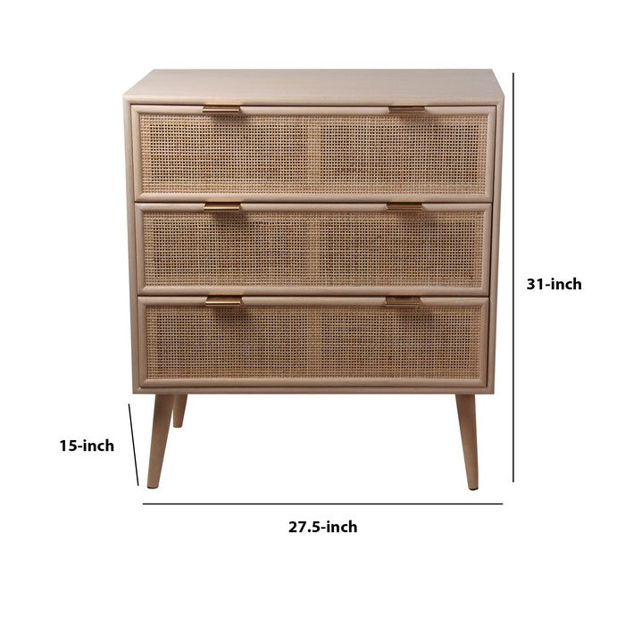 3 Drawer Wooden Accent Chest with Mesh Pattern Front, Light Brown