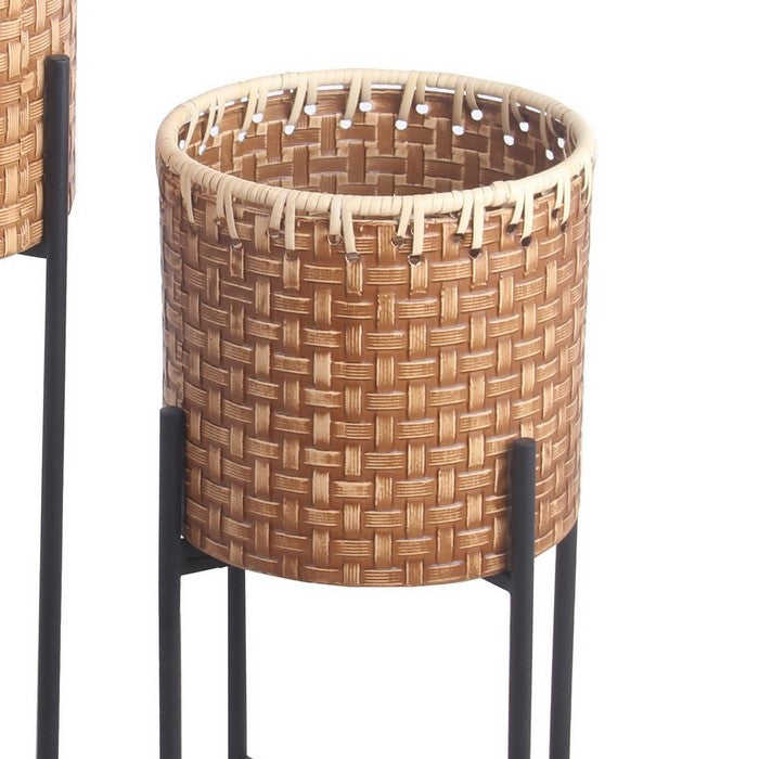 Metal Planters with Engraved Weave Details, Set of 2, Black and Brown