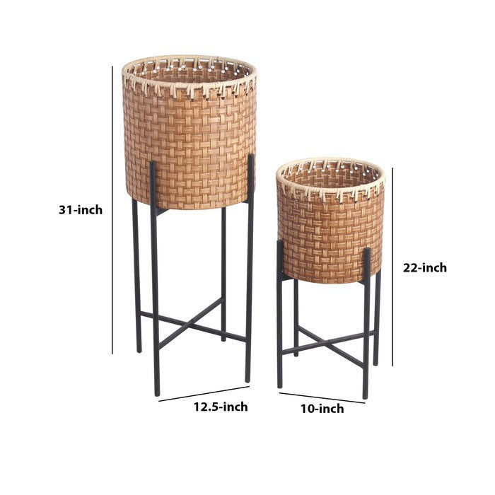 Metal Planters with Engraved Weave Details, Set of 2, Black and Brown