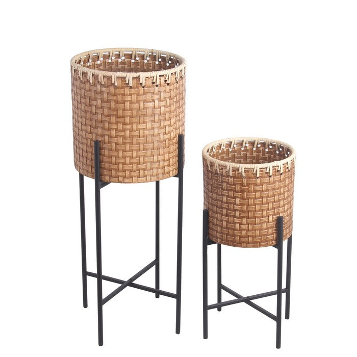 Metal Planters with Engraved Weave Details, Set of 2, Black and Brown