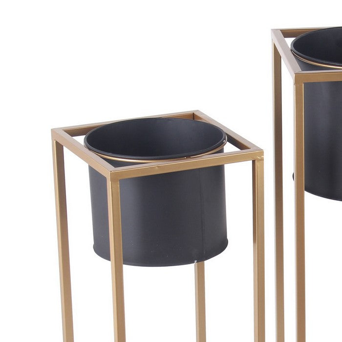 Round Metal Planters with Tubular Frame, Set of 3, Gold and Black