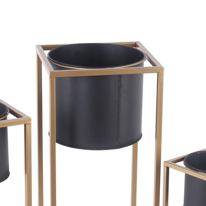 Round Metal Planters with Tubular Frame, Set of 3, Gold and Black