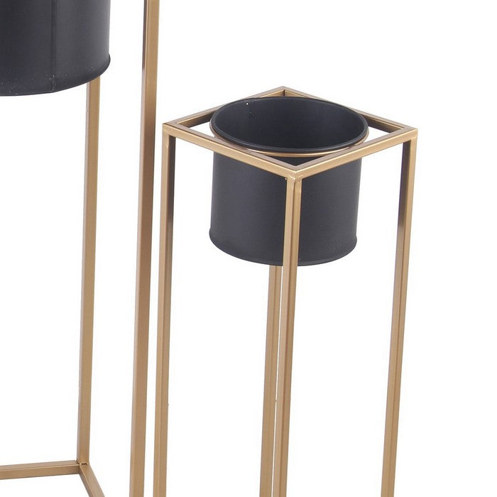 Round Metal Planters with Tubular Frame, Set of 3, Gold and Black