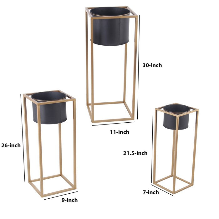 Round Metal Planters with Tubular Frame, Set of 3, Gold and Black