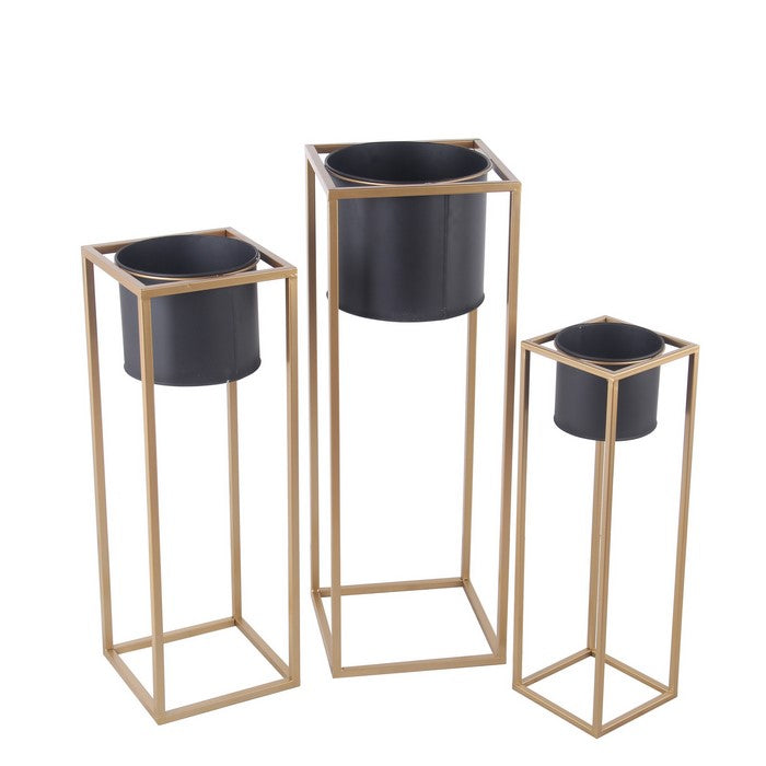 Round Metal Planters with Tubular Frame, Set of 3, Gold and Black