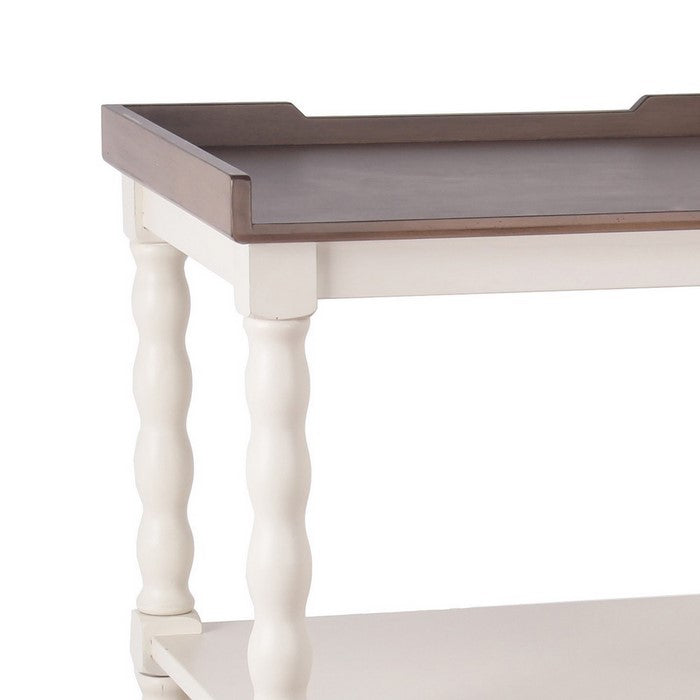 3 Tier Wooden Accent Stand with Tray Top and Beaded Legs, White and Brown