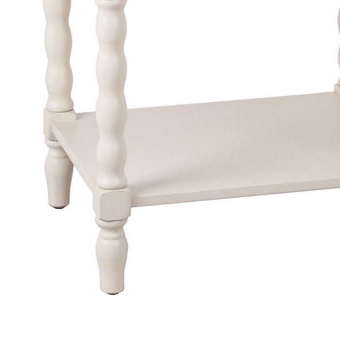 3 Tier Wooden Accent Stand with Tray Top and Beaded Legs, White and Brown