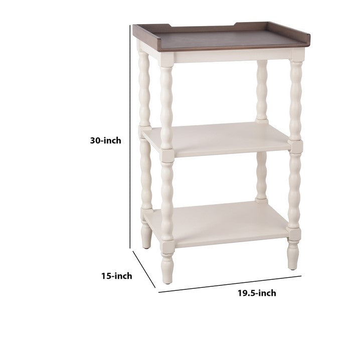 3 Tier Wooden Accent Stand with Tray Top and Beaded Legs, White and Brown