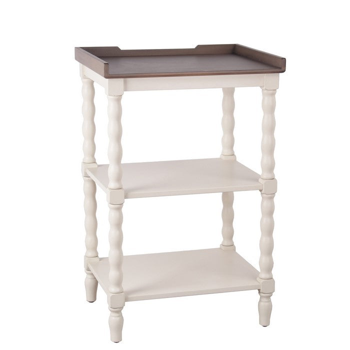 3 Tier Wooden Accent Stand with Tray Top and Beaded Legs, White and Brown
