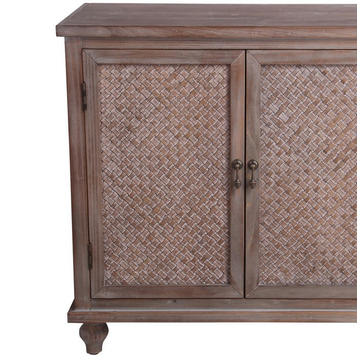 2 Door Wooden Accent Stand with Engraving Details, Weathered Brown