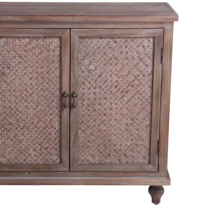 2 Door Wooden Accent Stand with Engraving Details, Weathered Brown