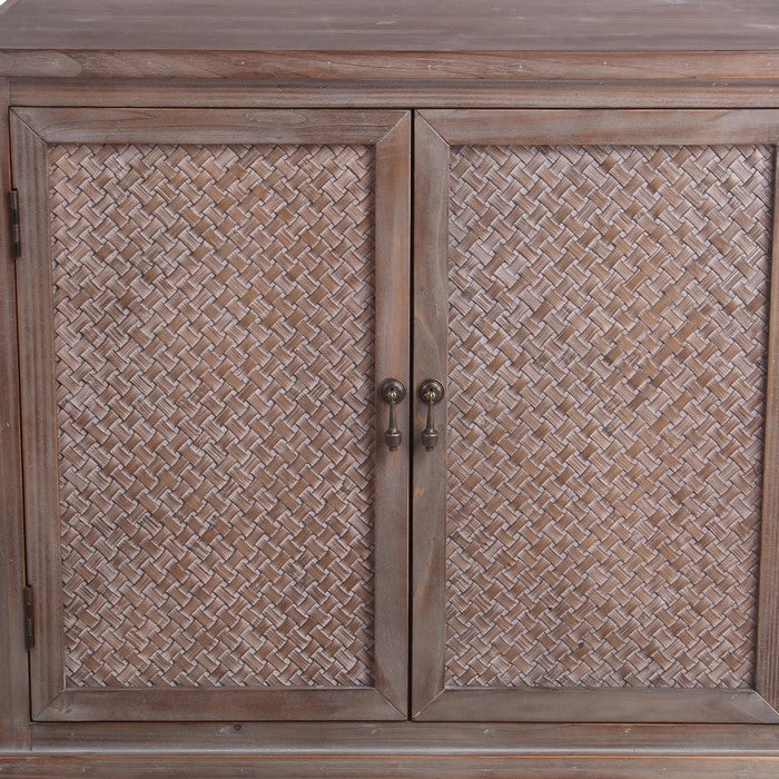 2 Door Wooden Accent Stand with Engraving Details, Weathered Brown