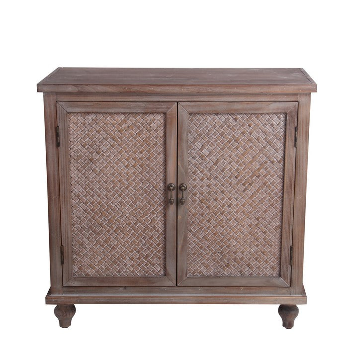 2 Door Wooden Accent Stand with Engraving Details, Weathered Brown