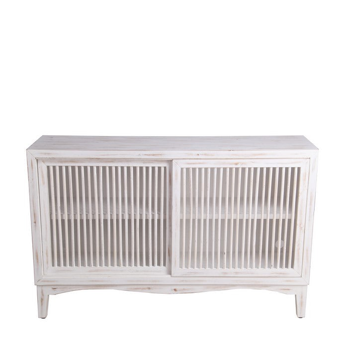 2 Door Slider Console with Slatted Front and Wavy Apron, White