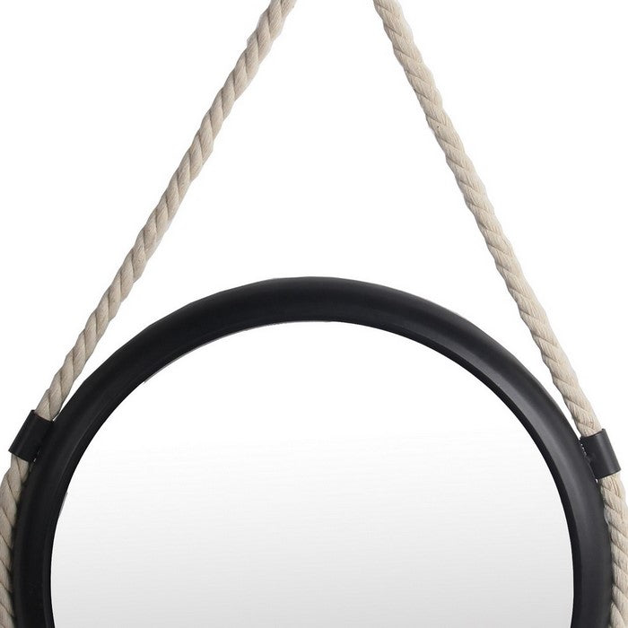 Metal Encased Round Wall Mirror with Braided Rope, Small, Black and White