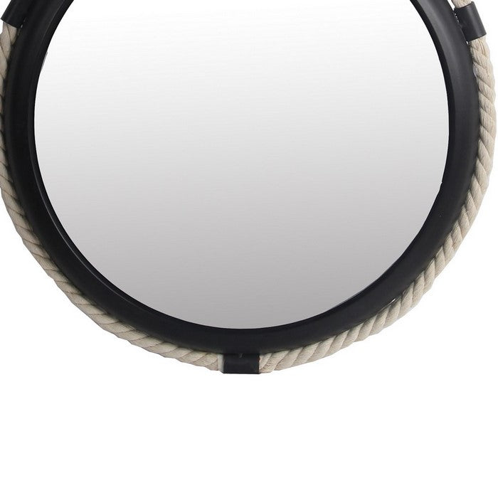 Metal Encased Round Wall Mirror with Braided Rope, Small, Black and White