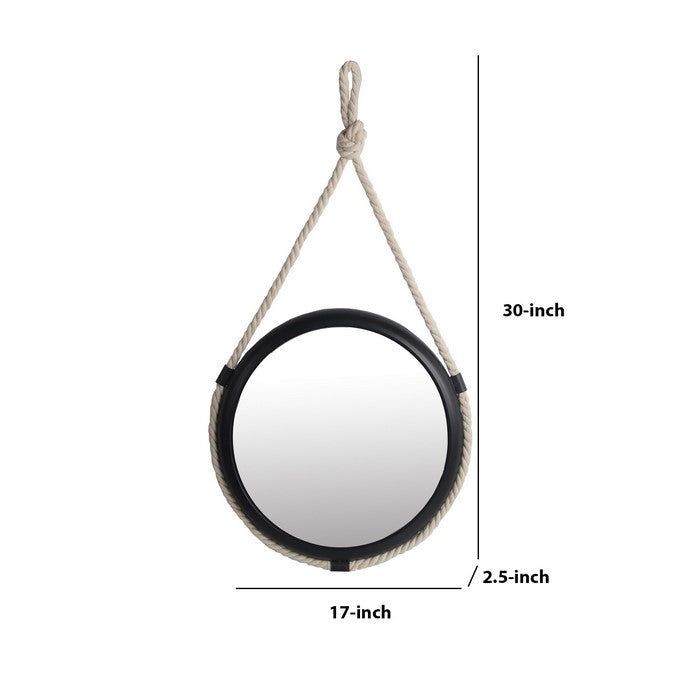Metal Encased Round Wall Mirror with Braided Rope, Small, Black and White