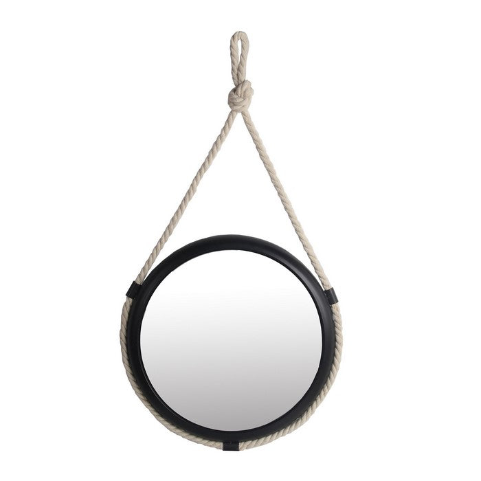 Metal Encased Round Wall Mirror with Braided Rope, Small, Black and White
