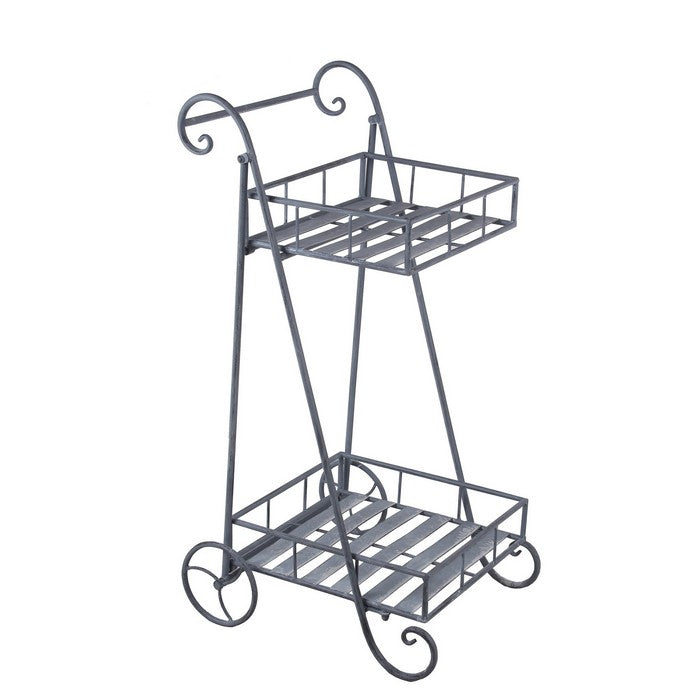 Industrial Style 2 Tier Metal Planter Cart with scroll Design Frame, Gray