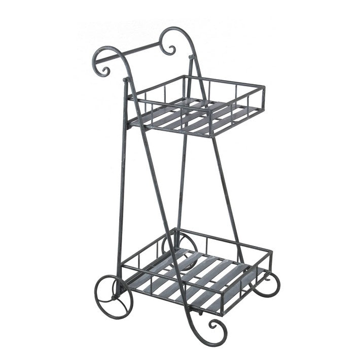 Industrial Style 2 Tier Metal Planter Cart with scroll Design Frame, Black
