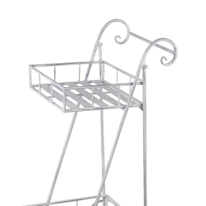Industrial 2 Tier Metal Planter Cart with scroll Design Frame, Washed White