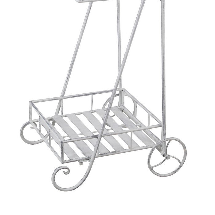 Industrial 2 Tier Metal Planter Cart with scroll Design Frame, Washed White